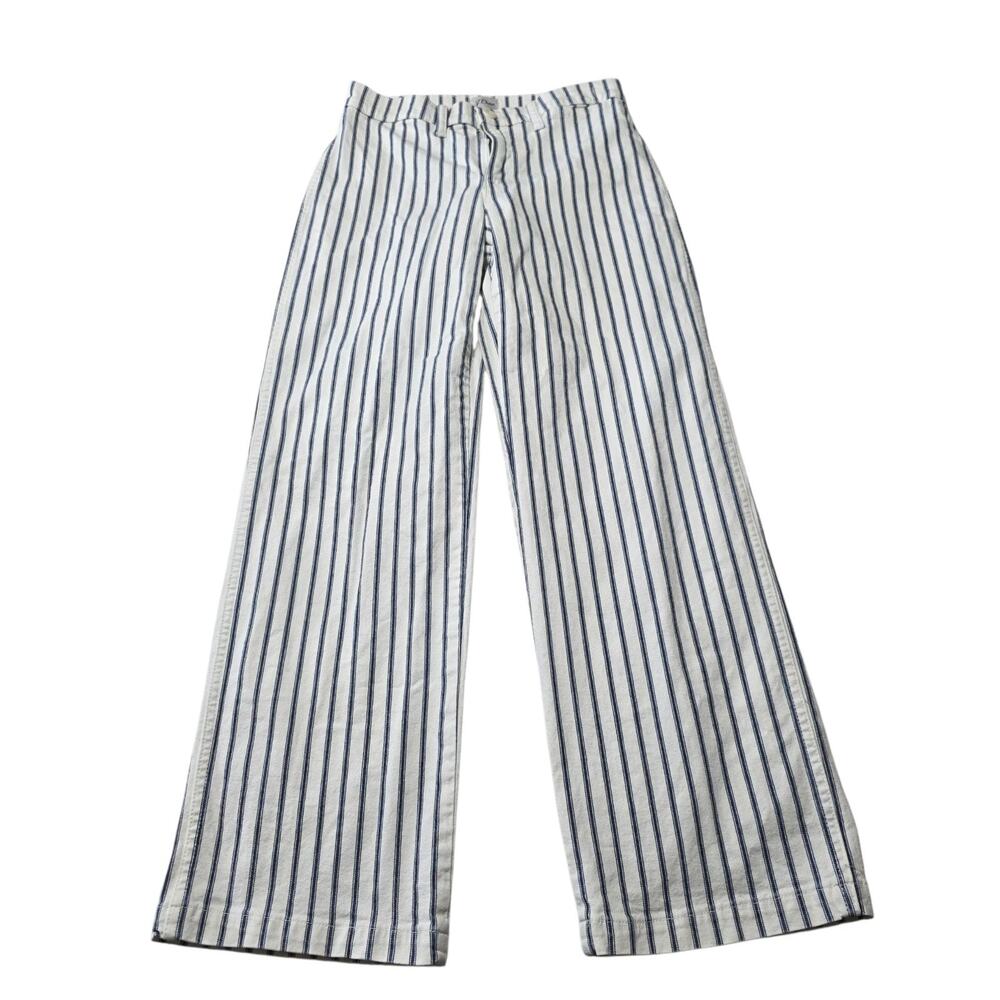 J. Crew Factory White Wide Straight-Leg Jeans with Navy Stripes